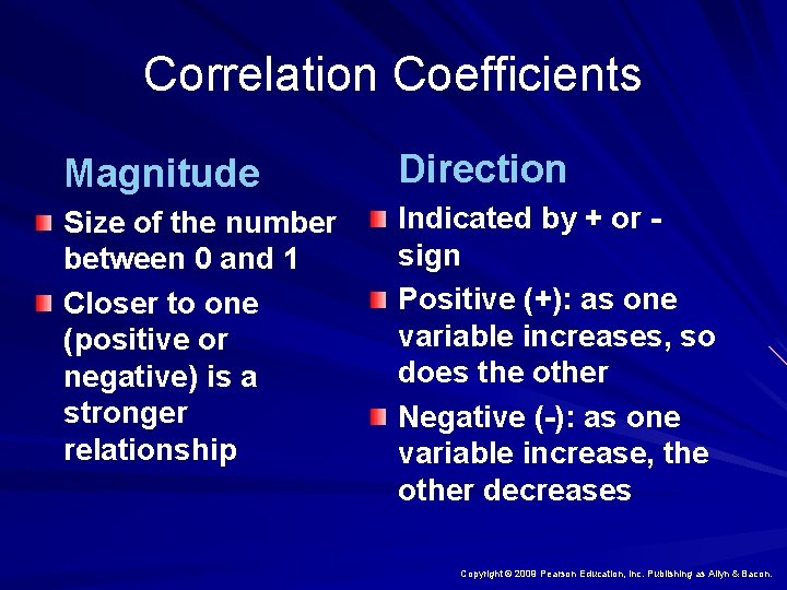 Correlation Coefficients Magnitude Direction Size of the number between 0 and 1 Closer to