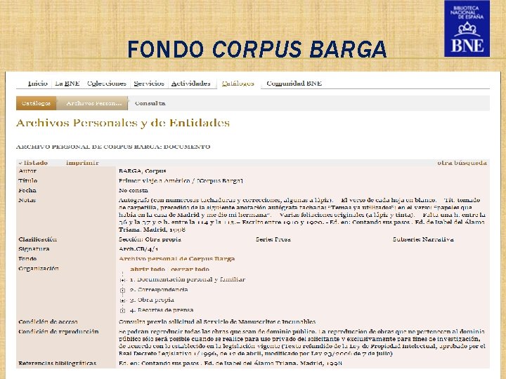 FONDO CORPUS BARGA Título de la presentación Los archivos personales, fondos visibles en la