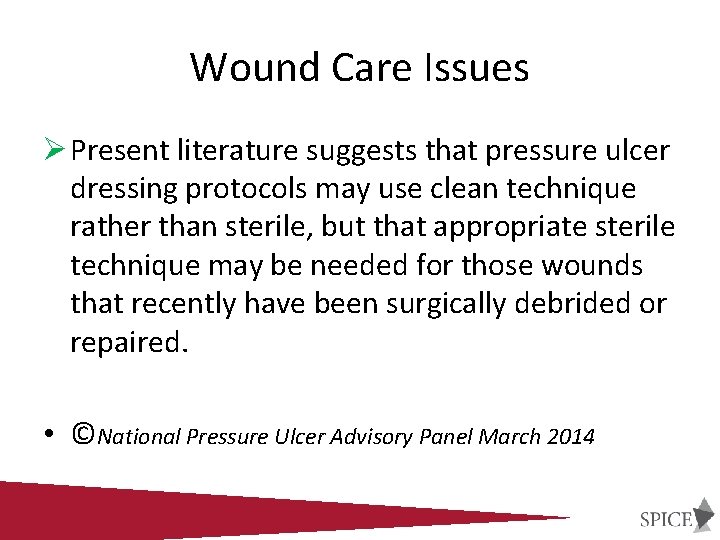 Wound Care Issues Ø Present literature suggests that pressure ulcer dressing protocols may use