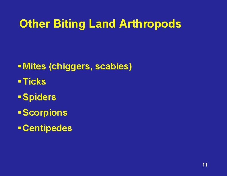 Other Biting Land Arthropods § Mites (chiggers, scabies) § Ticks § Spiders § Scorpions
