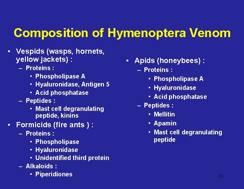 Composition of Hymenoptera Venom • Vespids (wasps, hornets, yellow jackets) : – Proteins :