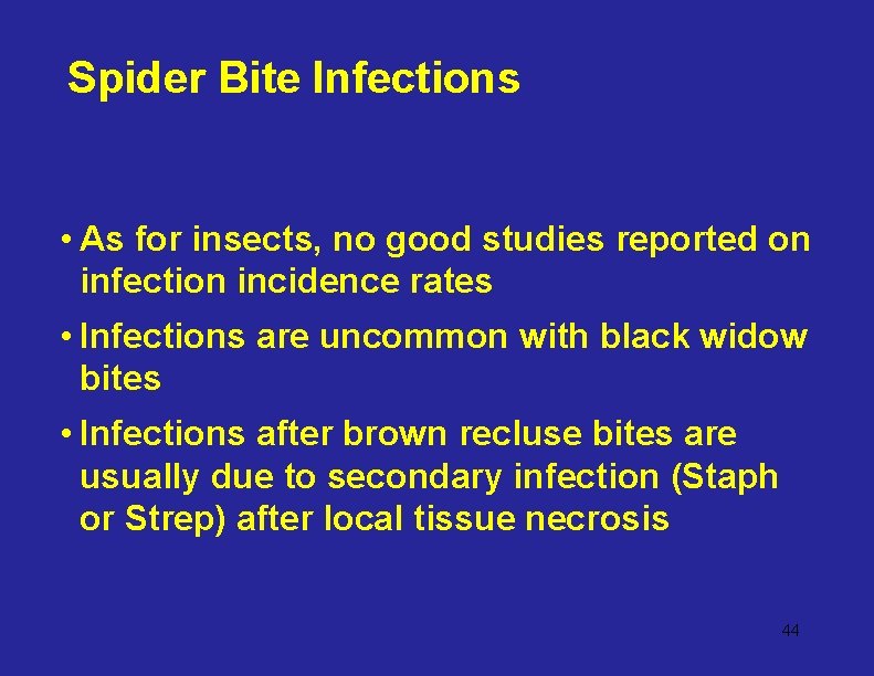 Spider Bite Infections • As for insects, no good studies reported on infection incidence