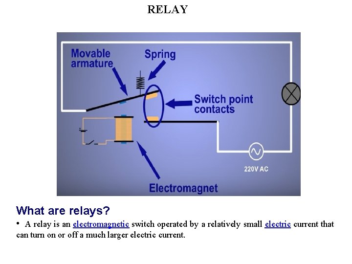 RELAY What are relays? • A relay is an electromagnetic switch operated by a