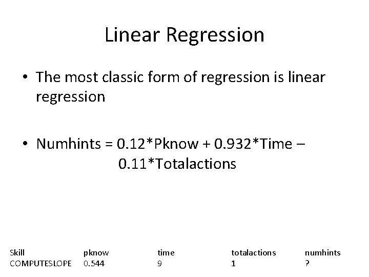 Linear Regression • The most classic form of regression is linear regression • Numhints Linear Regression • The most classic form of regression is linear regression • Numhints