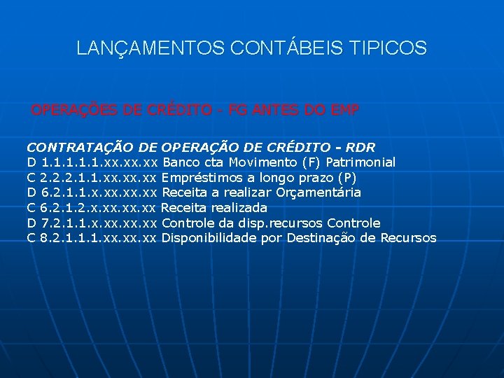 LANÇAMENTOS CONTÁBEIS TIPICOS OPERAÇÕES DE CRÉDITO - FG ANTES DO EMP CONTRATAÇÃO DE OPERAÇÃO