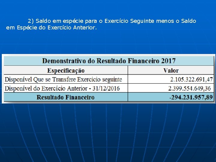 2) Saldo em espécie para o Exercício Seguinte menos o Saldo em Espécie do