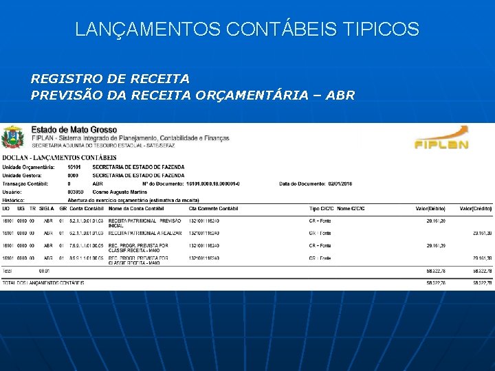 LANÇAMENTOS CONTÁBEIS TIPICOS REGISTRO DE RECEITA PREVISÃO DA RECEITA ORÇAMENTÁRIA – ABR 