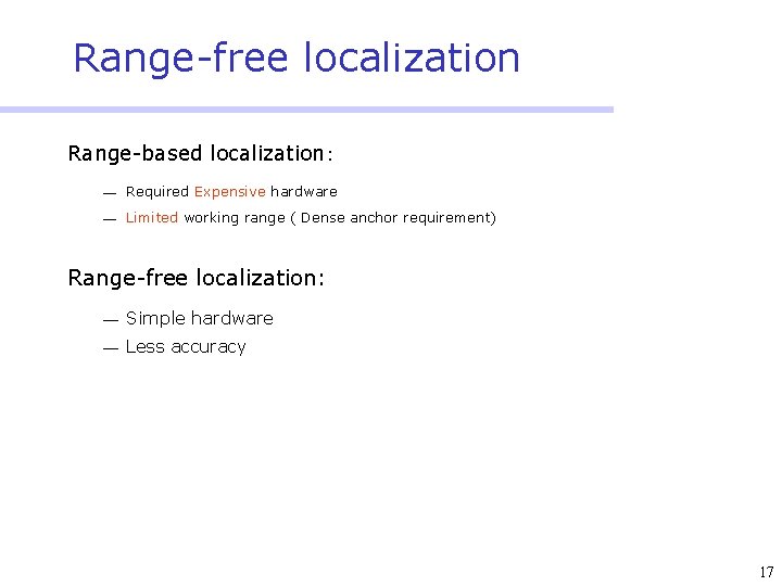 Range-free localization Range-based localization: ¾ Required Expensive hardware ¾ Limited working range ( Dense