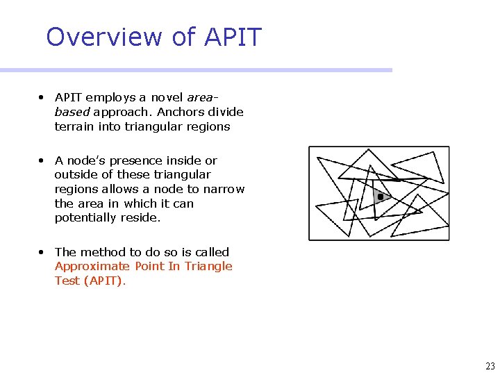 Overview of APIT • APIT employs a novel areabased approach. Anchors divide terrain into