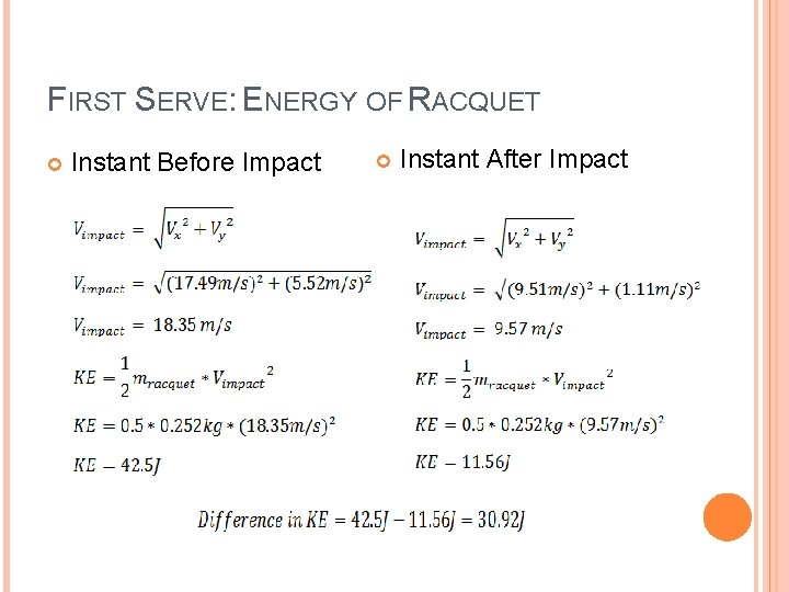 FIRST SERVE: ENERGY OF RACQUET Instant Before Impact Instant After Impact 
