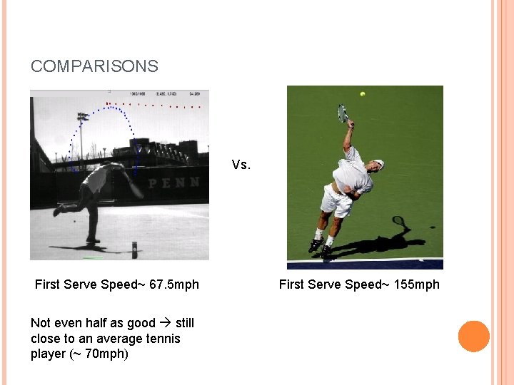 COMPARISONS Vs. First Serve Speed~ 67. 5 mph Not even half as good still