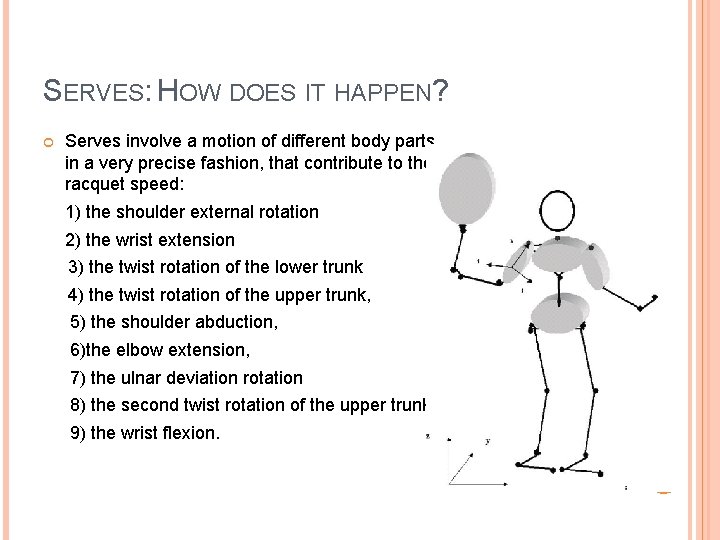 SERVES: HOW DOES IT HAPPEN? Serves involve a motion of different body parts in