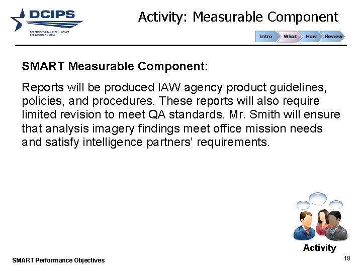 Activity: Measurable Component SMART Measurable Component: Reports will be produced IAW agency product guidelines,