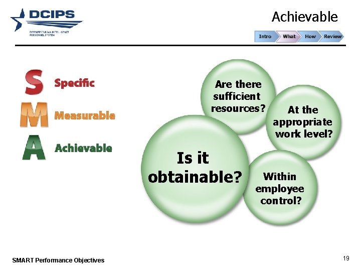 Achievable Are there sufficient resources? Is it obtainable? SMART Performance Objectives At the appropriate