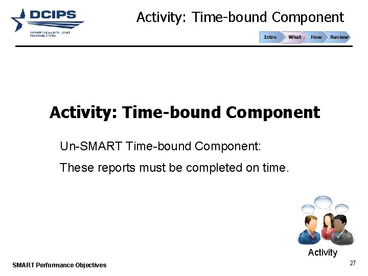 Activity: Time-bound Component Un-SMART Time-bound Component: These reports must be completed on time. Activity