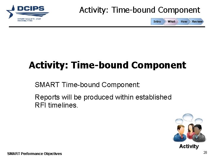 Activity: Time-bound Component SMART Time-bound Component: Reports will be produced within established RFI timelines.