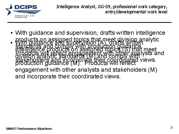 Intelligence Analyst, GG-09, professional work category, entry/developmental work level • With guidance and supervision,