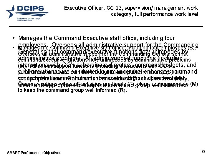 Executive Officer, GG-13, supervision/ management work category, full performance work level • Manages the