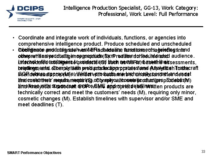 Intelligence Production Specialist, GG-13, Work Category: Professional, Work Level: Full Performance • Coordinate and