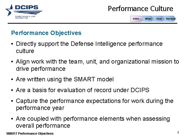 Performance Culture Performance Objectives • Directly support the Defense Intelligence performance culture • Align