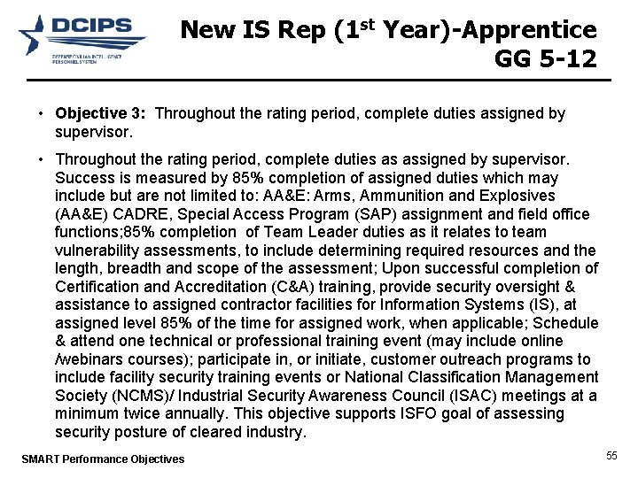 New IS Rep (1 st Year)-Apprentice GG 5 -12 • Objective 3: Throughout the