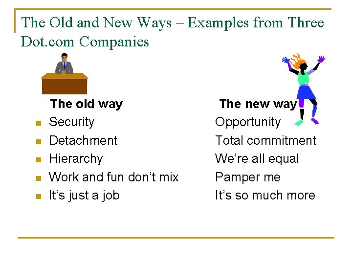 The Old and New Ways – Examples from Three Dot. com Companies n n