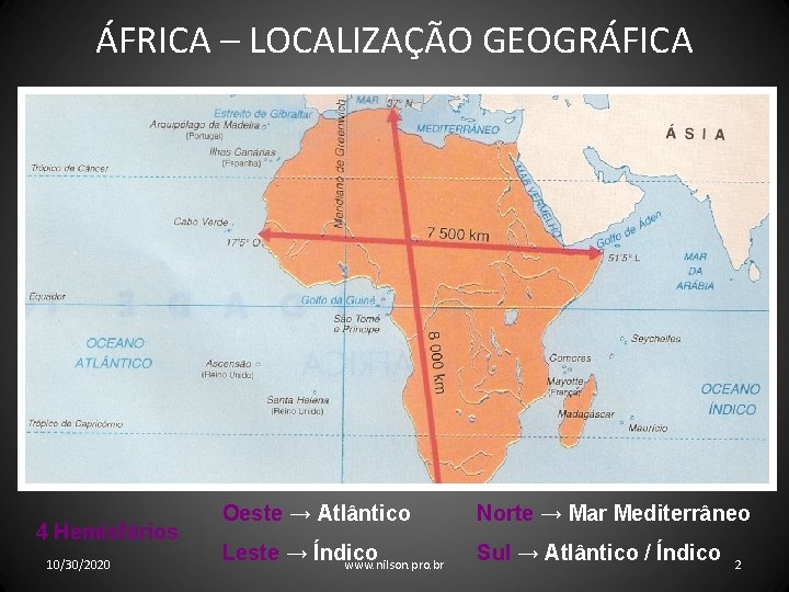 ÁFRICA – LOCALIZAÇÃO GEOGRÁFICA 4 Hemisférios 10/30/2020 Oeste → Atlântico Norte → Mar Mediterrâneo