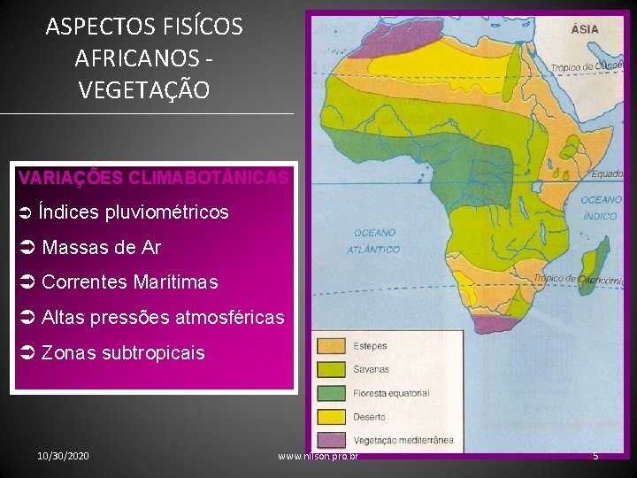 ASPECTOS FISÍCOS AFRICANOS VEGETAÇÃO VARIAÇÕES CLIMABOT NICAS Índices pluviométricos Massas de Ar Correntes Marítimas