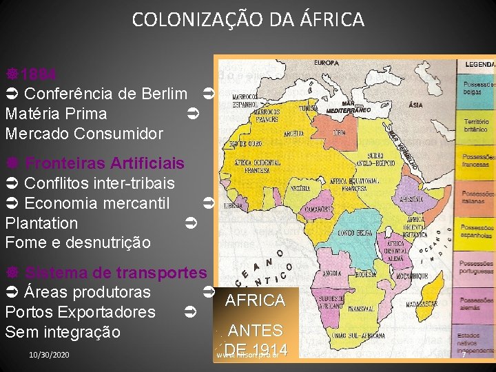 COLONIZAÇÃO DA ÁFRICA 1884 Conferência de Berlim Matéria Prima Mercado Consumidor Fronteiras Artificiais Conflitos