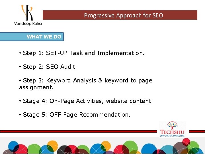 Progressive Approach for SEO WHAT WE DO • Step 1: SET-UP Task and Implementation.