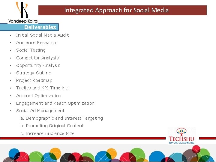 Integrated Approach for Social Media Deliverables • Initial Social Media Audit • Audience Research