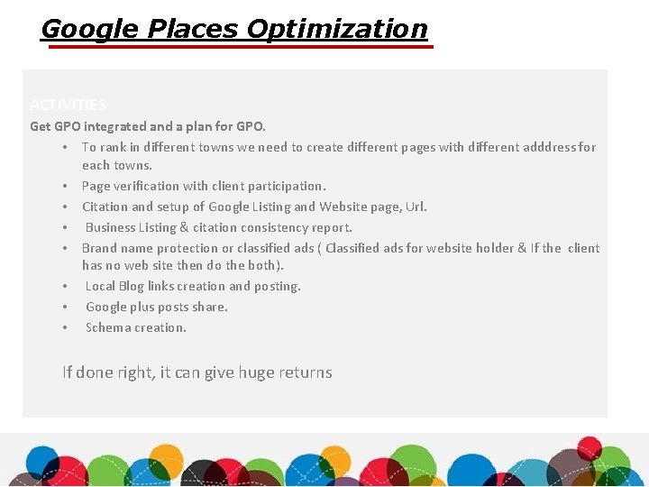 Google Places Optimization ACTIVITIES Get GPO integrated and a plan for GPO. • To