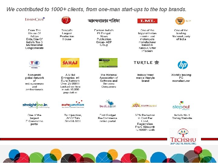 We contributed to 1000+ clients, from one-man start-ups to the top brands. 