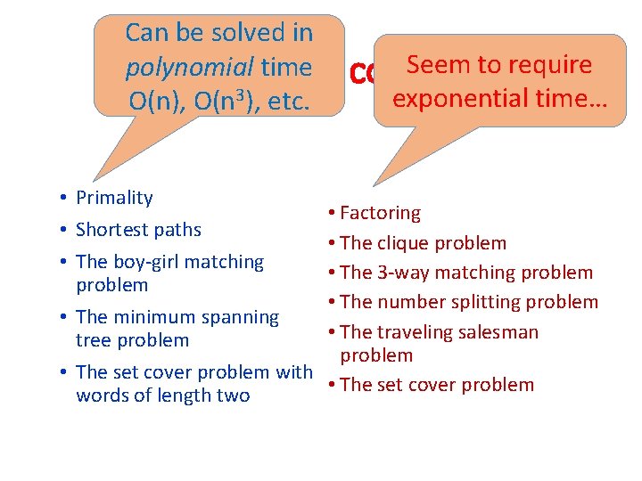 Can be solved in polynomial time An intriguing O(n), O(n 3), etc. • Primality
