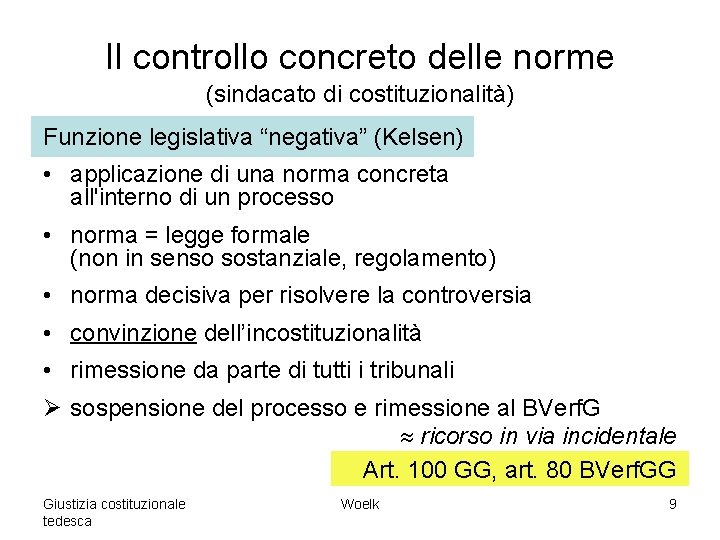 Il controllo concreto delle norme (sindacato di costituzionalità) Funzione legislativa “negativa” (Kelsen) • applicazione