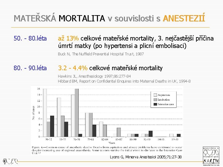 MATEŘSKÁ MORTALITA v souvislosti s ANESTEZIÍ 50. - 80. léta až 13% celkové mateřské