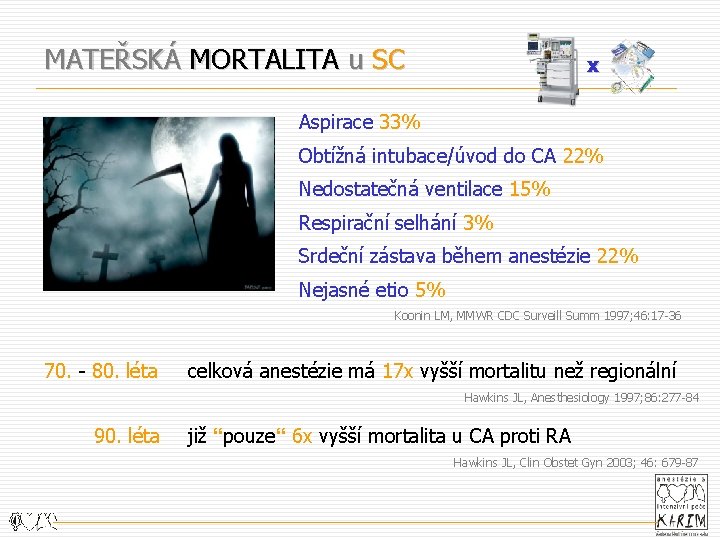 MATEŘSKÁ MORTALITA u SC x Aspirace 33% Obtížná intubace/úvod do CA 22% Nedostatečná ventilace