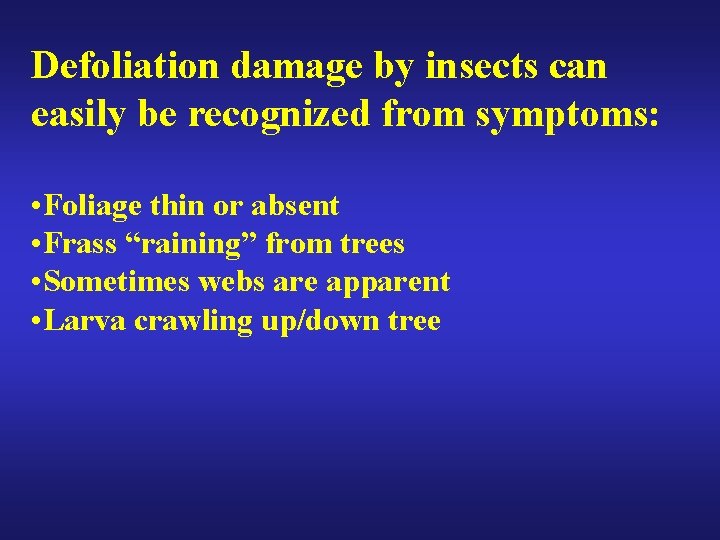 Defoliation damage by insects can easily be recognized from symptoms: • Foliage thin or