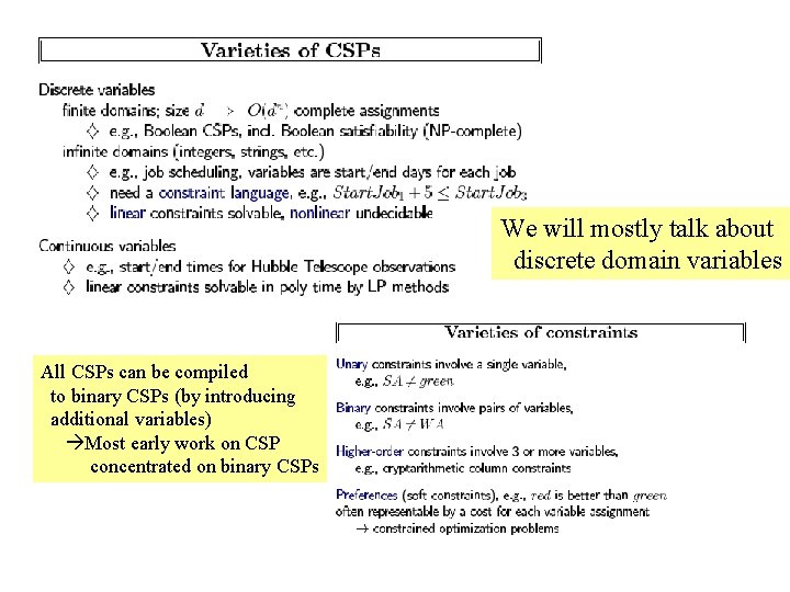 We will mostly talk about discrete domain variables All CSPs can be compiled to