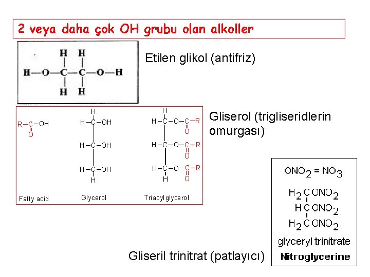 2 veya daha çok OH grubu olan alkoller Etilen glikol (antifriz) Gliserol (trigliseridlerin omurgası)