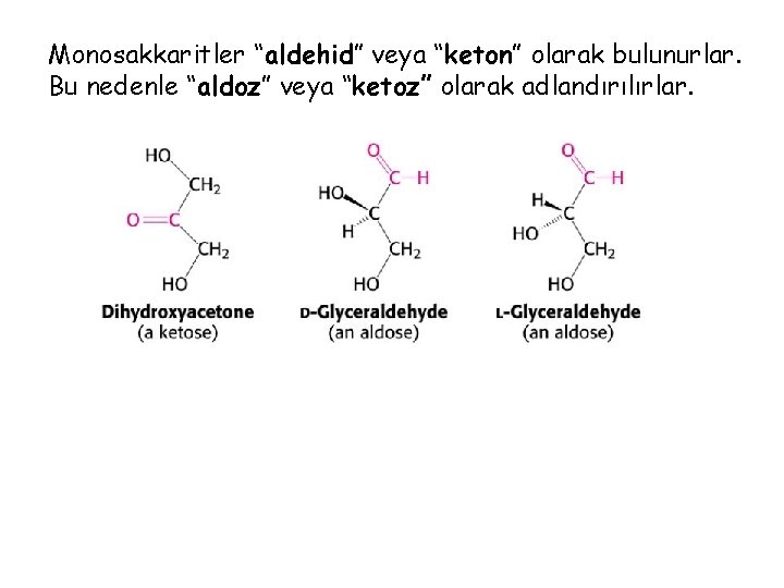 Monosakkaritler “aldehid” veya “keton” olarak bulunurlar. Bu nedenle “aldoz” veya “ketoz” olarak adlandırılırlar. 