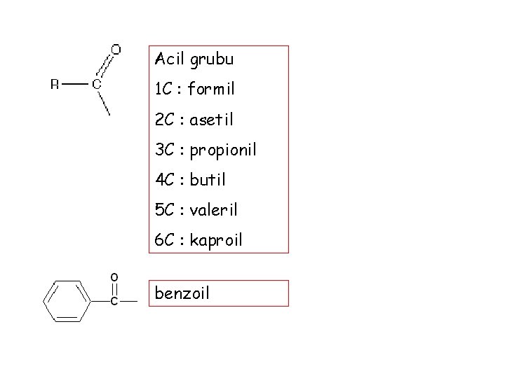 Acil grubu 1 C : formil 2 C : asetil 3 C : propionil