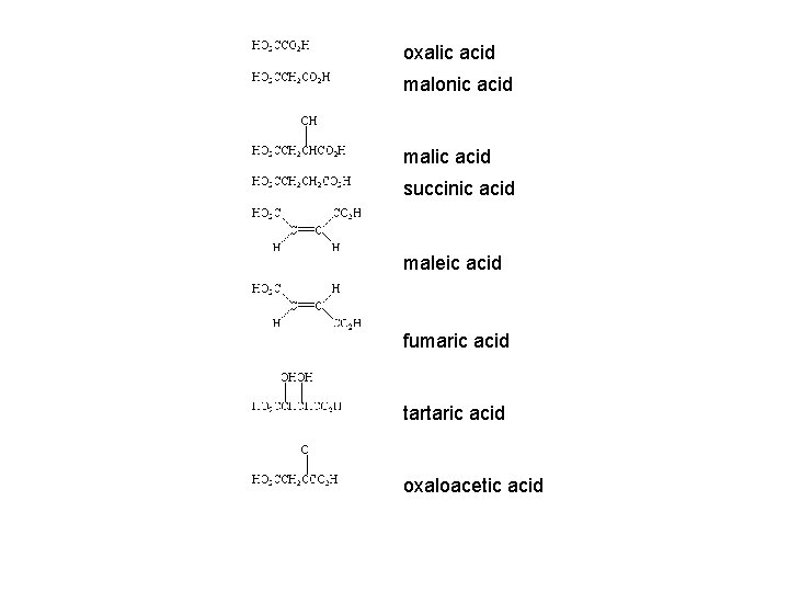  oxalic acid malonic acid succinic acid malic acid maleic acid fumaric acid tartaric