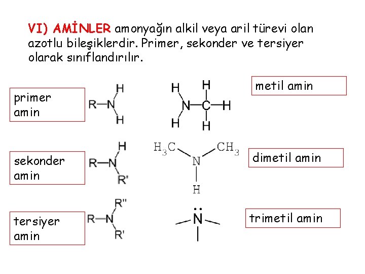 VI) AMİNLER amonyağın alkil veya aril türevi olan azotlu bileşiklerdir. Primer, sekonder ve tersiyer