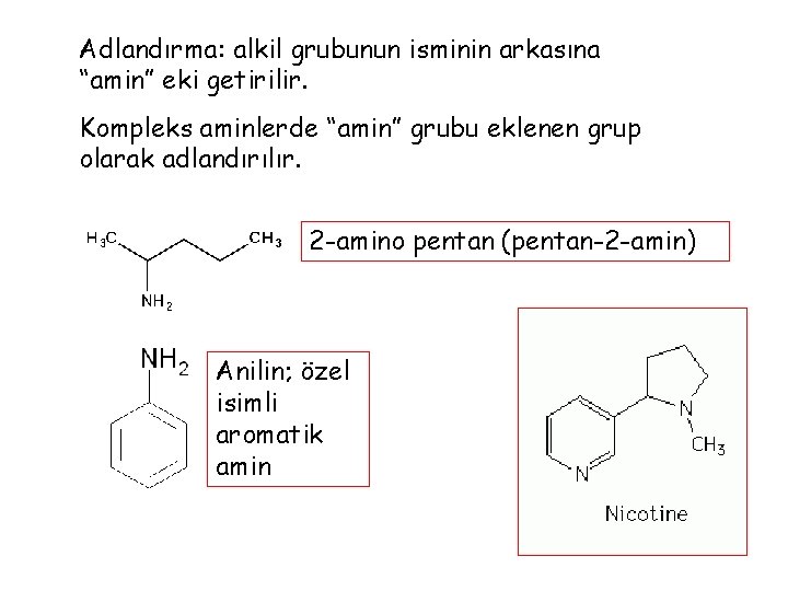 Adlandırma: alkil grubunun isminin arkasına “amin” eki getirilir. Kompleks aminlerde “amin” grubu eklenen grup