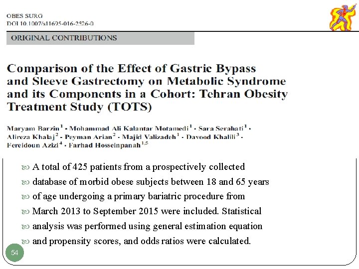  A total of 425 patients from a prospectively collected database of morbid obese