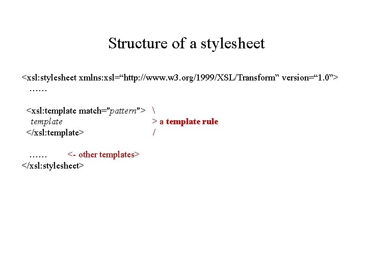 Structure of a stylesheet <xsl: stylesheet xmlns: xsl=“http: //www. w 3. org/1999/XSL/Transform” version=“ 1.