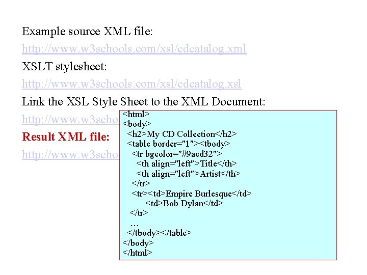 Example source XML file: http: //www. w 3 schools. com/xsl/cdcatalog. xml XSLT stylesheet: http: