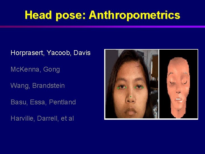 Head pose: Anthropometrics Horprasert, Yacoob, Davis Mc. Kenna, Gong Wang, Brandstein Basu, Essa, Pentland