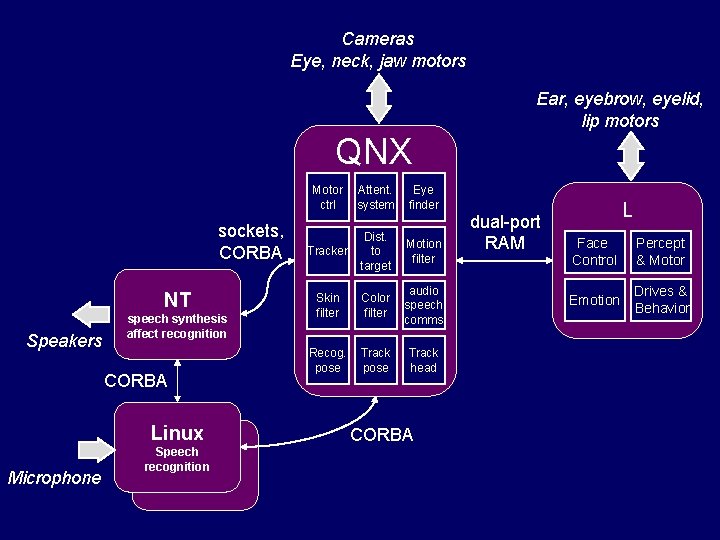 Cameras Eye, neck, jaw motors Ear, eyebrow, eyelid, lip motors QNX Motor ctrl sockets,